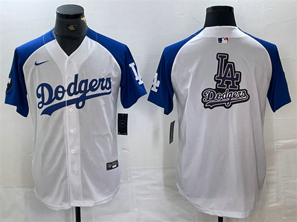 Men's Los Angeles Dodgers Team Big Logo White Blue Vin Patch Cool Base Stitched Baseball Jersey 5