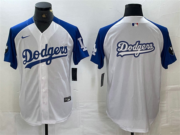 Men's Los Angeles Dodgers Team Big Logo White Blue Vin Patch Cool Base Stitched Baseball Jersey