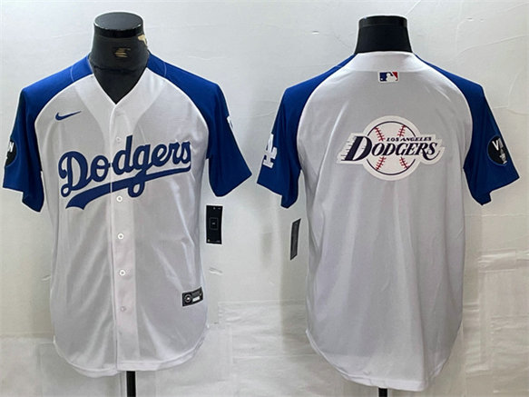 Men's Los Angeles Dodgers Team Big Logo White Blue Vin Patch Cool Base Stitched Baseball Jerseys