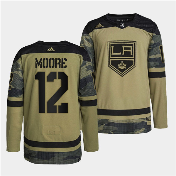 Men's Los Angeles Kings #12 Trevor Moore 2022 Camo Military Appreciation Night Stitched Jersey