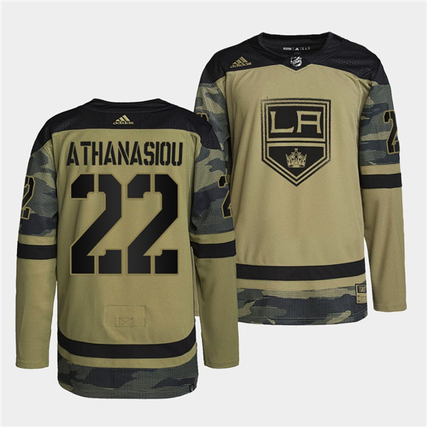 Men's Los Angeles Kings #22 Andreas Athanasiou 2022 Camo Military Appreciation Night Stitched Jersey