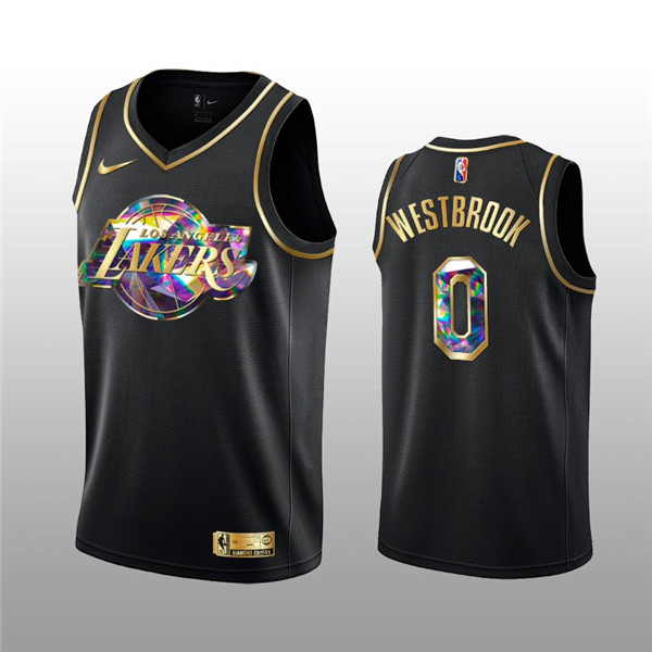 Men's Los Angeles Lakers #0 Russell Westbrook 2021 22 Black Golden Edition 75th Anniversary Diamond Logo Stitched Basketball Jersey