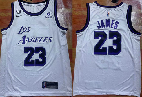 Men's Los Angeles Lakers #23 LeBron James 2022 23 White With NO.6 Patch Stitched Basketball Jersey