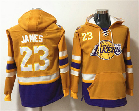 Men's Los Angeles Lakers #23 Lebron James Yellow Lace-Up Pullover Hoodie