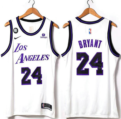 Men's Los Angeles Lakers #24 Kobe Bryant 2022 23 White With NO.6 Patch Stitched Basketball Jersey