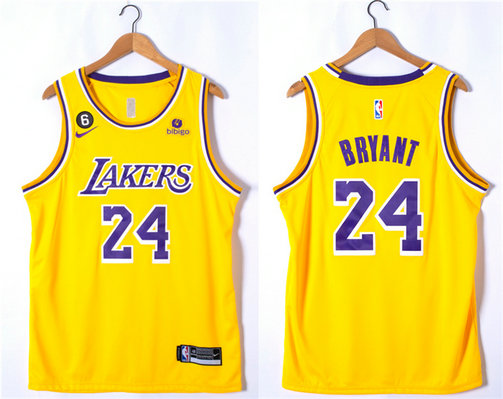 Men's Los Angeles Lakers #24 Kobe Bryant Yellow With NO.6 Patch Stitched Basketball Jersey