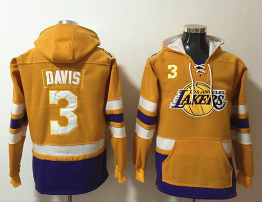 Men's Los Angeles Lakers #3 Anthony Davis Yellow Lace-Up Pullover Hoodie