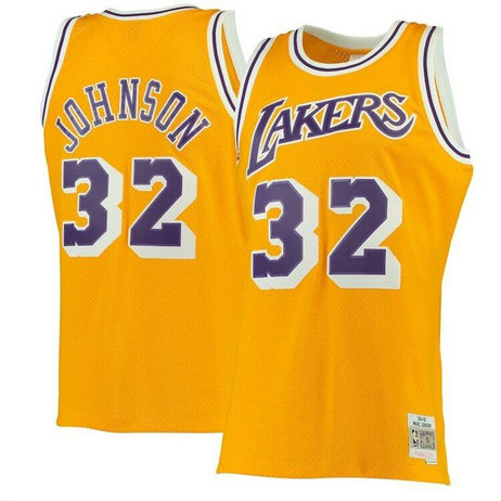 Men's Los Angeles Lakers #32 Magic Johnson Mitchell & Ness Gold 1984-85 Hardwood Classics Swingman Basketball Jersey