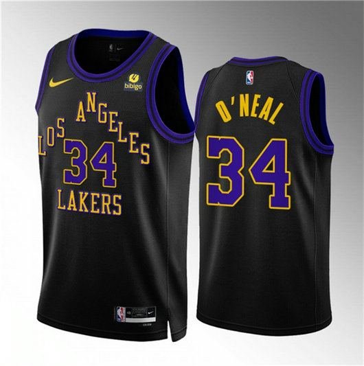 Men's Los Angeles Lakers #34 Shaquille O'Neal Black 2023 24 City Edition Stitched Basketball Jersey