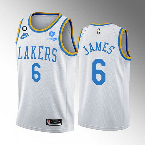 Men's Los Angeles Lakers #6 LeBron James 2022 23 White Classic Edition No.6 Patch Stitched Basketball Jersey
