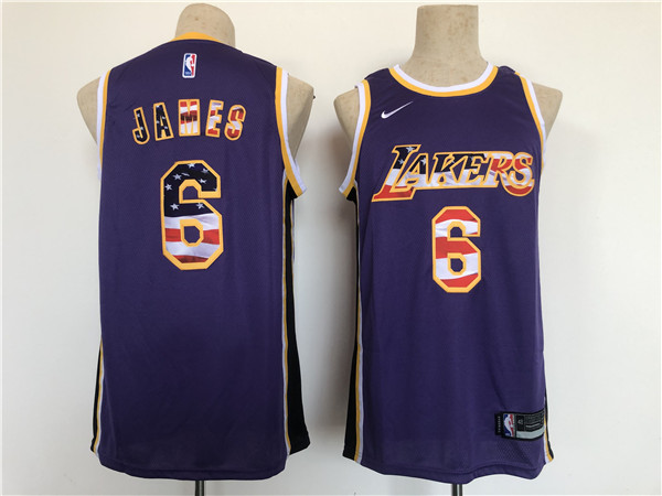 Men's Los Angeles Lakers #6 LeBron James Purple USA Flag Stitched Basketball Jersey