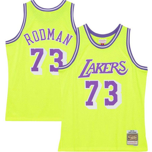 Men's Los Angeles Lakers #73 Dennis Rodman Mitchell & Ness Neon Yellow Hardwood Classics 1998 99 Tropical Swingman Jersey