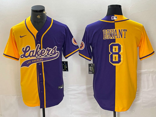 Men's Los Angeles Lakers #8 Kobe Bryant Gold Purple Split Stitched Baseball Jersey 4