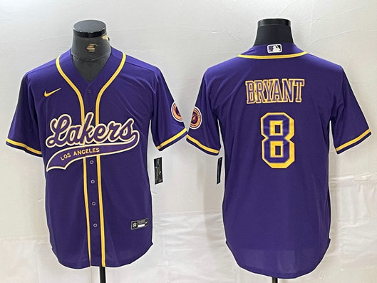 Men's Los Angeles Lakers #8 Kobe Bryant Purple Cool Base Stitched Baseball Jersey 6