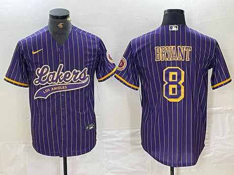 Men's Los Angeles Lakers #8 Kobe Bryant Purple Pinstripe Cool Base Stitched Baseball Jersey 2