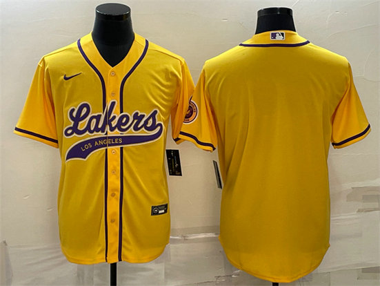 Men's Los Angeles Lakers Blank Yellow Cool Base Stitched Baseball Jersey