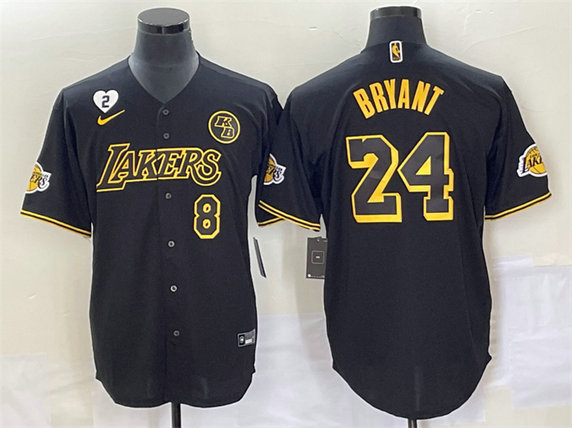 Men's Los Angeles Lakers Front #8 Back #24 Kobe Bryant With NO.2 And KB Patch Black Cool Base Stitched Baseball Jersey