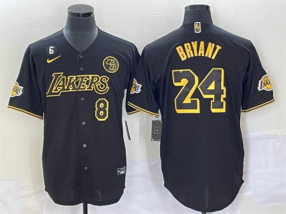 Men's Los Angeles Lakers Front #8 Back #24 Kobe Bryant With NO.6 And KB Patch Black Cool Base Stitched Baseball Jersey