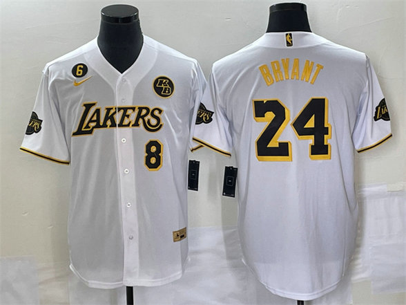 Men's Los Angeles Lakers Front #8 Back #24 Kobe Bryant With NO.6 And KB Patch White Cool Base Stitched Baseball Jersey