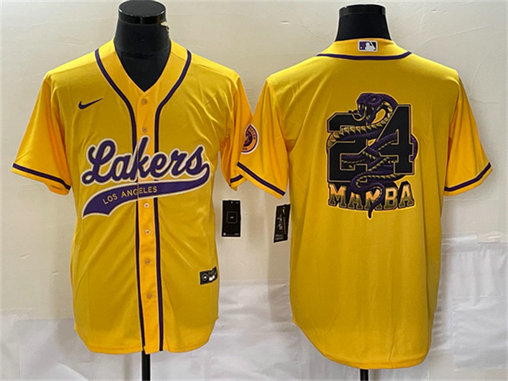 Men's Los Angeles Lakers Gold #24 Mamba Big Logo Cool Base Stitched Baseball Jersey