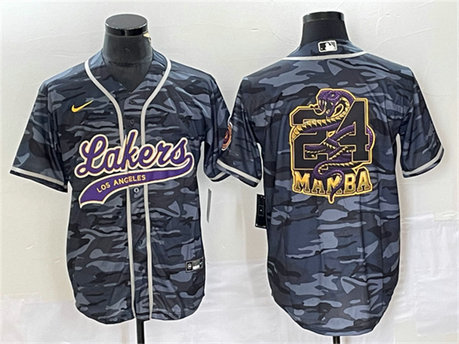 Men's Los Angeles Lakers Gray Camo #24 Mamba Big Logo Cool Base Stitched Baseball Jersey