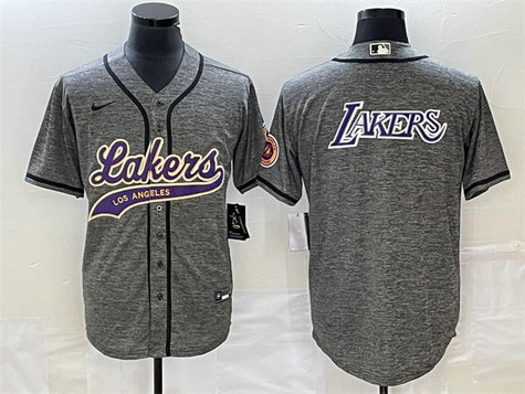 Men's Los Angeles Lakers Gray Team Big Logo Cool Base With Patch Stitched Baseball Jerseys