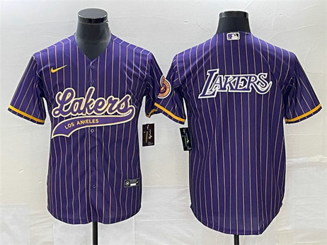 Men's Los Angeles Lakers Team Big Logo Purple Cool Base With Patch Stitched Baseball Jersey - 副本