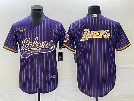 Men's Los Angeles Lakers Team Big Logo Purple Cool Base With Patch Stitched Baseball Jersey 1