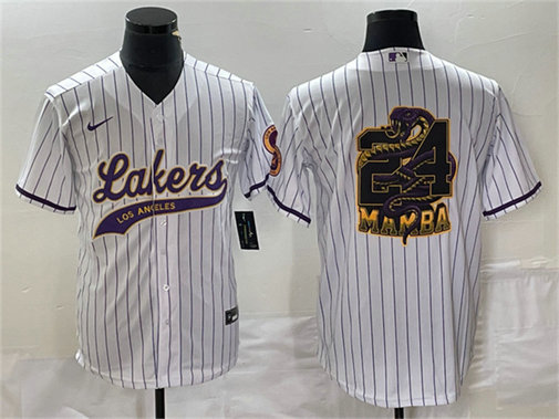 Men's Los Angeles Lakers White #24 Mamba Big Logo Cool Base Stitched Baseball Jerseys