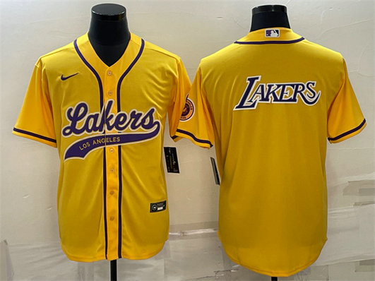 Men's Los Angeles Lakers Yellow Big Logo Cool Base Stitched Baseball JerseyS
