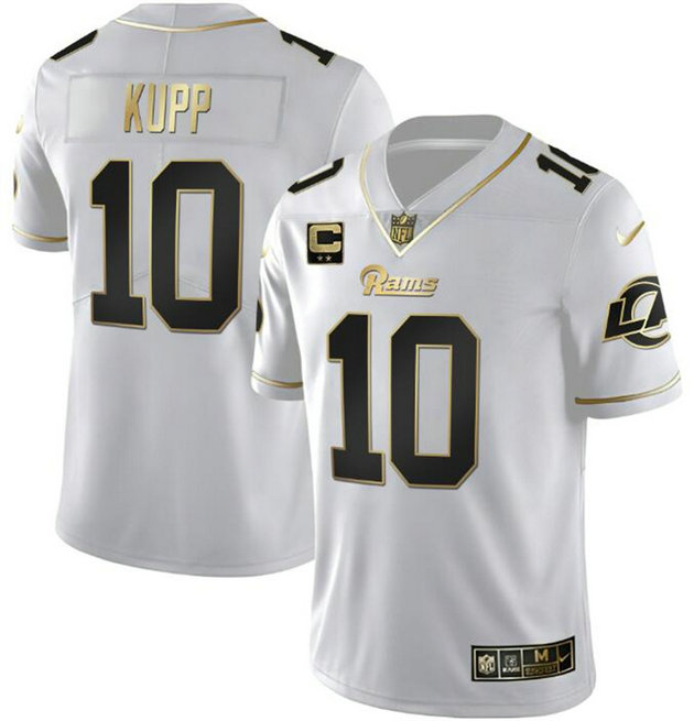 Men's Los Angeles Rams #10 Cooper Kupp White Golden With 2-Star Patch Vapor Vapor Stitched Football Jersey