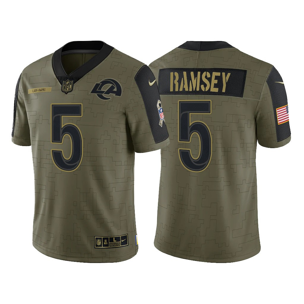 Men's Los Angeles Rams #5 Jalen Ramsey 2021 Olive Salute To Service Limited Stitched Jersey