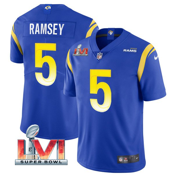 Men's Los Angeles Rams #5 Jalen Ramsey 2022 Royal Super Bowl LVI Vapor Limited Stitched Jersey