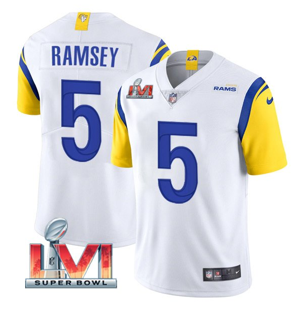 Men's Los Angeles Rams #5 Jalen Ramsey 2022 White Super Bowl LVI Vapor Limited Stitched Jersey