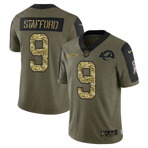 Men's Los Angeles Rams #9 Matthew Stafford 2021 Olive Camo Salute To Service Limited Stitched Jersey