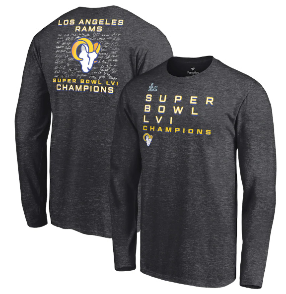 Men's Los Angeles Rams 2022 Heathered Charcoal Super Bowl LVI Champions Roster Signature Long Sleeve T-Shirt