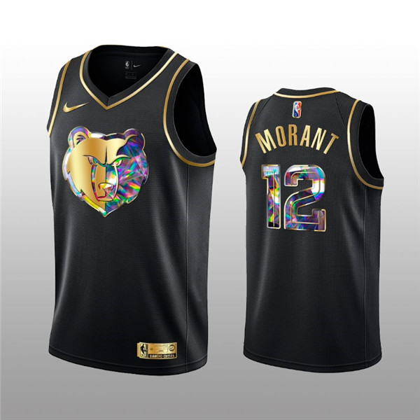 Men's Memphis Grizzlies #12 Ja Morant 2021 22 Black Golden Edition 75th Anniversary Diamond Logo Stitched Basketball Jersey