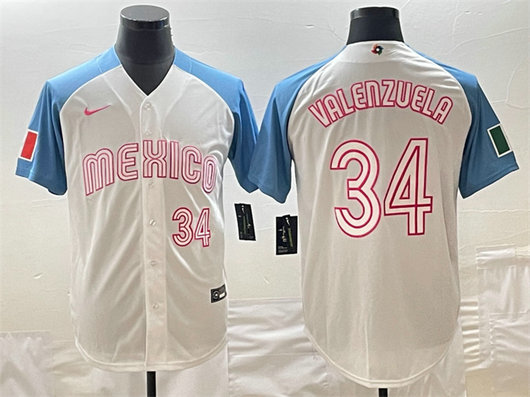 Men's Mexico Baseball #34 Fernando Valenzuela 2023 White Blue World Baseball Classic Stitched Jerseys