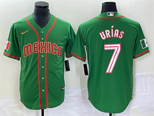 Men's Mexico Baseball #7 Julio Urías 2023 Green World Baseball With Patch Classic Stitched Jersey 1