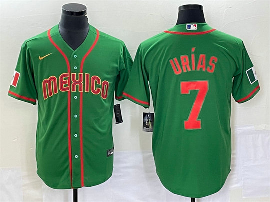 Men's Mexico Baseball #7 Julio Urías 2023 Green World Baseball With Patch Classic Stitched Jersey 3