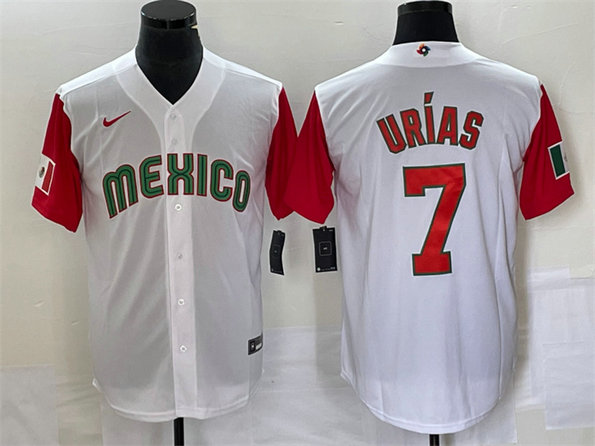 Men's Mexico Baseball #7 Julio Urías 2023 White Red World Baseball With Patch Classic Stitched Jersey 1