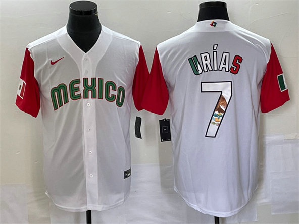 Men's Mexico Baseball #7 Julio Urías 2023 White Red World Baseball With Patch Classic Stitched Jersey 2