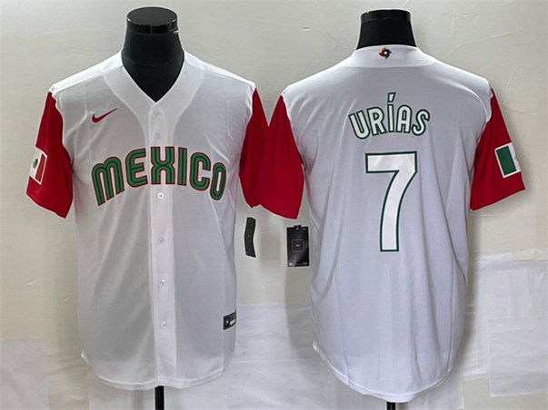 Men's Mexico Baseball #7 Julio Urías 2023 White Red World Baseball With Patch Classic Stitched Jersey 3