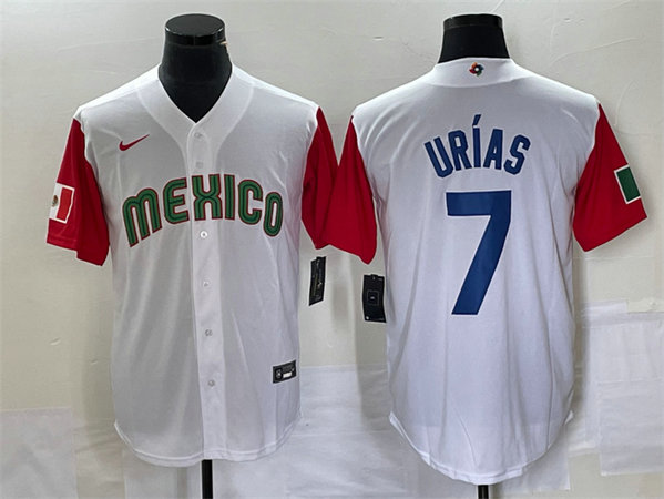 Men's Mexico Baseball #7 Julio Urías 2023 White Red World Baseball With Patch Classic Stitched Jersey 5