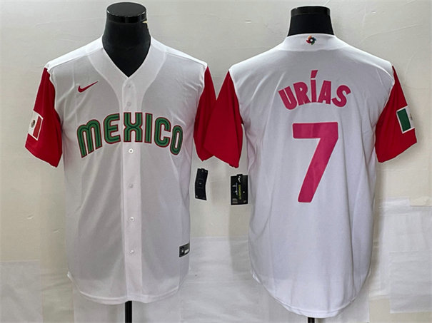 Men's Mexico Baseball #7 Julio Urías 2023 White Red World Baseball With Patch Classic Stitched Jersey 6