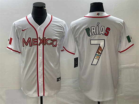 Men's Mexico Baseball #7 Julio Urías 2023 White World Baseball With Patch Classic Stitched Jersey 2
