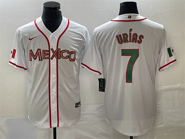 Men's Mexico Baseball #7 Julio Urías 2023 White World Baseball With Patch Classic Stitched Jersey 3