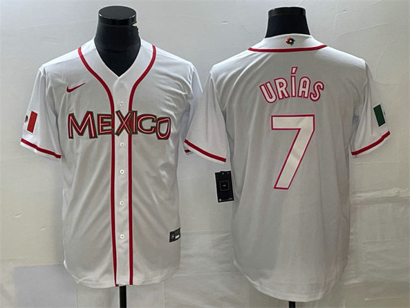 Men's Mexico Baseball #7 Julio Urías 2023 White World Baseball With Patch Classic Stitched Jersey