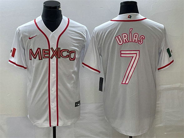 Men's Mexico Baseball #7 Julio Urías 2023 White World Baseball With Patch Classic Stitched Jersey 4