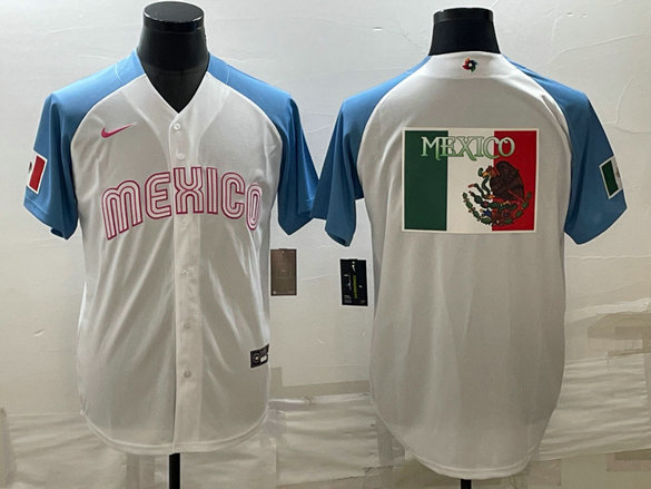 Men's Mexico Baseball 2023 White Blue World Baseball Big Logo Classic Stitched Jersey